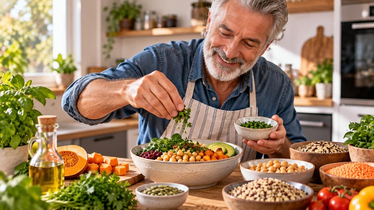 Herbstliche Kürbis-Linsen-Bowl mit Spinat und Kürbiskernen als pflanzliche Proteinmahlzeit